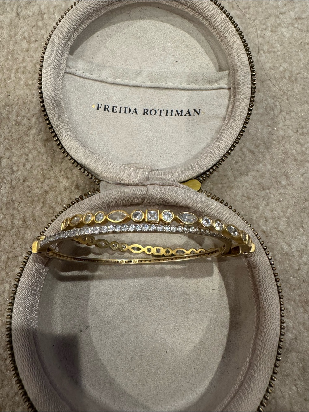 Freida Rothman Crystal Bangle Stack Gold & Silver Bezel Set Bracelets w/ Box